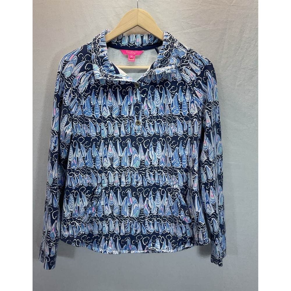 Lilly Pulitzer Skipper Popover 1/4 button kangaroo pocket Sailboats blue MD